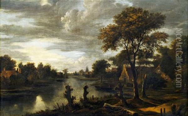 Abendliche Flusslandschaft Bei Mondschein Oil Painting - Aert van der Neer