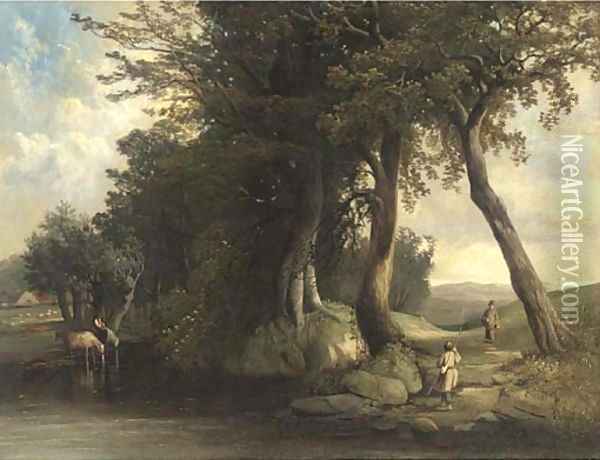 Cattle watering and anglers by a river Oil Painting - George Augustus Williams