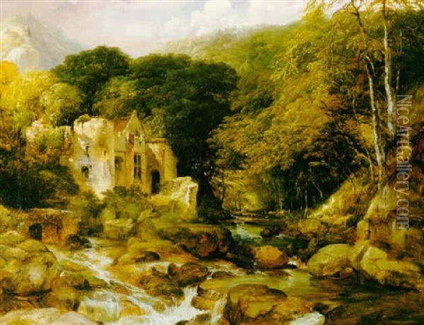 River Landscape With Ruin, Probably The River Tavy, Devon Oil Painting - Frederick Richard Lee