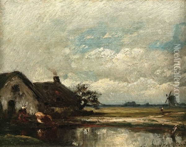 De Twee Hutten (by The Farm) Oil Painting - Jules Dupre