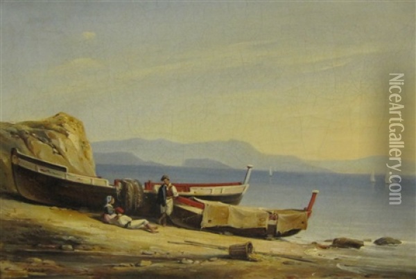 On An Italian Shore Oil Painting - Alphee De Regny