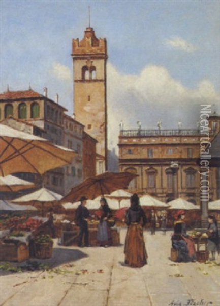Folkeliv Pa En Markedsplads I Verona Oil Painting - August Fischer
