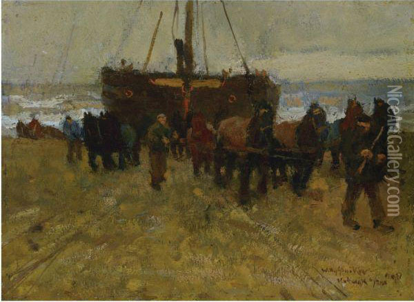 Pulling A Bomschuit On The Beach, Katwijk Aan Zee Oil Painting - Willy Sluyters