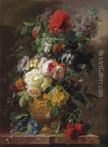 Roses, Daffodils, Poppies, Hollyhock, Black Iris And Other Flowers In A Classical Vase On A Marble Ledge Oil Painting - Arnoldus Bloemers
