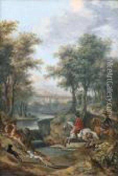 A Wooded River Landscape With A Deerhunt Oil Painting - Jan Wyck