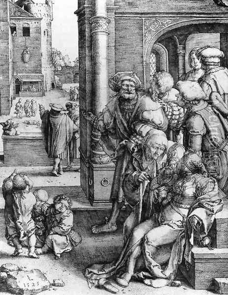 Virgil Suspended in a Basket 1525 Oil Painting - Lucas Van Leyden