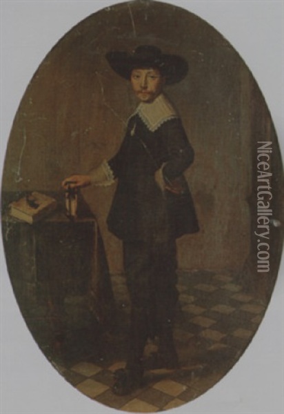 Portrait Of A Gentleman In An Interior Standing By A Table With His Hand On A Book Oil Painting - Godaert Kamper