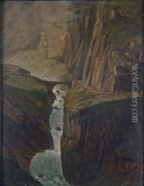 Schlucht Mit Wasserfall Im Hochgebirge Oil Painting - Alexandre Louis R. Millin Du Perreux