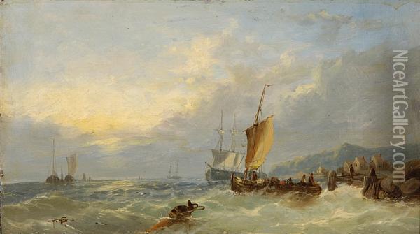Fishing Boats Off A Coast, And Another Similar Oil Painting - William Harry Williamson