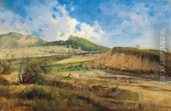 Landscape, With Ruins Of A Castle, 1870s Oil Painting - Gyula Gundelfinger