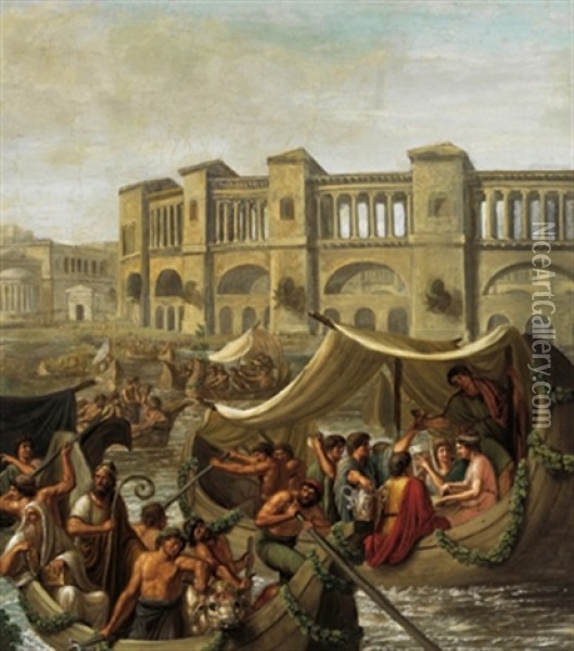 Festa In Roma Antica Sul Fiume Tevere In Barca Oil Painting - Luigi Ademollo