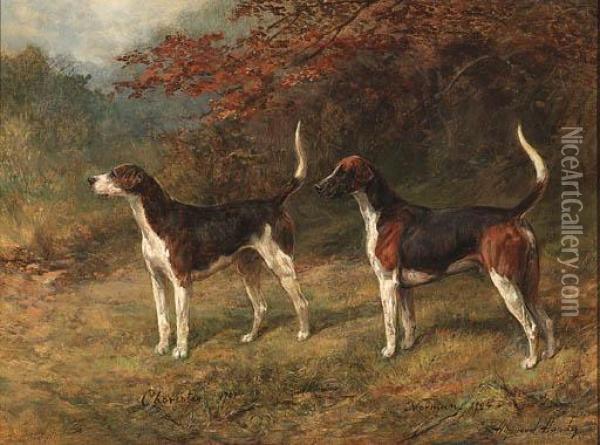 Chorister And Norman, One Couple Of Fox Hounds Beside Acovert Oil Painting - Heywood Hardy
