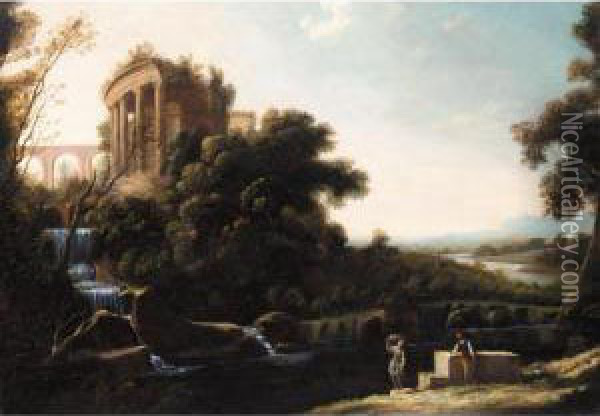 A River Landscape With Figures 
Resting Beneath A Capriccio View Of The Temple Of Vesta At Tivoli Oil Painting - Pierre-Antoine Patel