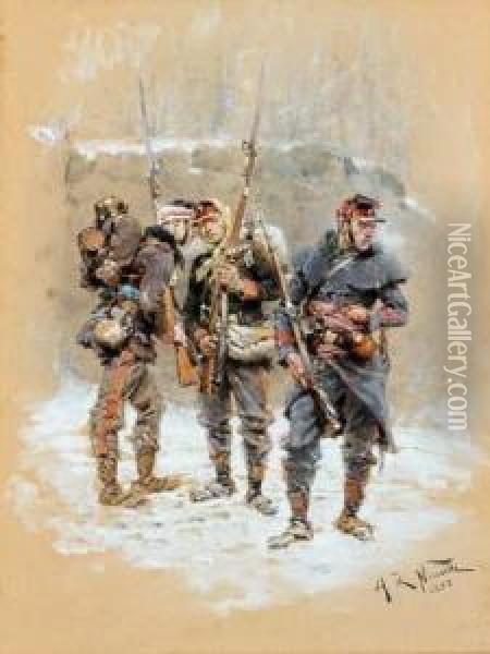Trois Soldats Sous La Neige Oil Painting - Alphonse Marie de Neuville