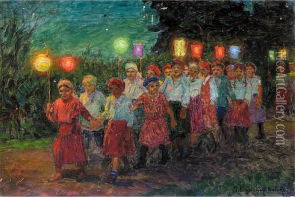 Evening March With Lanterns Oil Painting - Nikolai Petrovich Bogdanov-Belsky