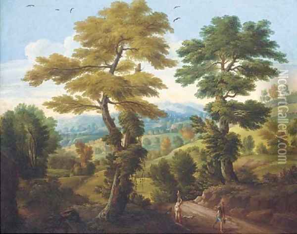 A wooded landscape with travellers on a path Oil Painting - Carlo Antonio Tavella, Il Solfarola
