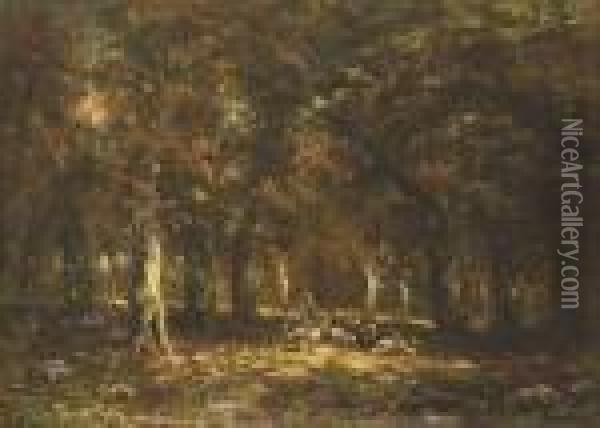 Woods Inside With A Flock Of Sheep Oil Painting - Charles Emile Jacque