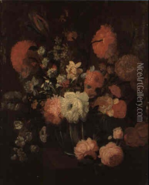 Peonies, Tulips, Roses And Other Flowers In A Ribbed Glass Bowl Oil Painting - Pieter Hardime