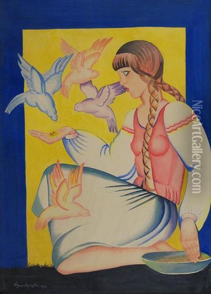 Dziewczyna Karmiaca Golebie Oil Painting - Waclaw Boratynski
