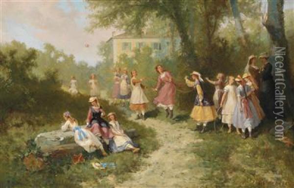 Children Playing In A Garden Oil Painting - Auguste Viande Doviane