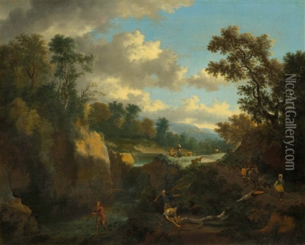 Fishers, Shepherd And Travellers At A Waterfall Oil Painting - Jan Hackaert