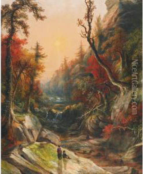 Waterfall Near Dundas, Ontario, Figures In The Foreground Oil Painting - Robert Reginald Whale