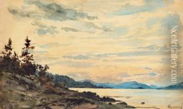 Fiord Landscape At Sunset Oil Painting - Hans Fredrik Gude