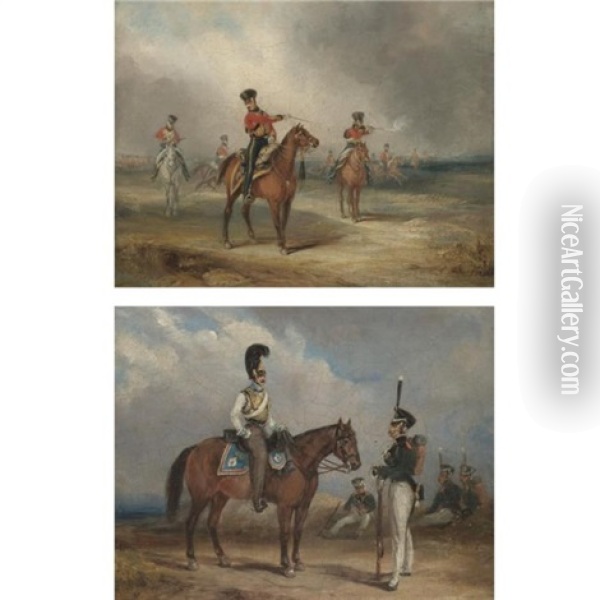 A Cavalry Skirmish (+ A Cavalry Officer With An Infantry Officer; Pair) Oil Painting - Henry Martens
