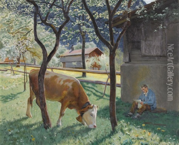Dorfpartie Mit Lesendem Bauer Und Weidender Kuh Oil Painting - Hans Widmer