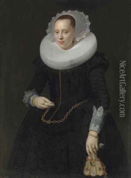 Portrait Of A Lady, Three-quarter-length, In A Black Embroidered Dress, Ruff And Lace Cuffs, Holding A Pair Of Embroidered Gloves Oil Painting - Nicolaes Eliasz Pickenoy