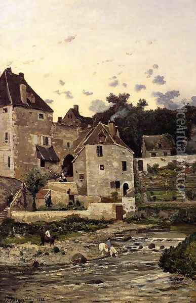 The Village of Herisson on the Banks of the Aumance Oil Painting - Henri-Joseph Harpignies