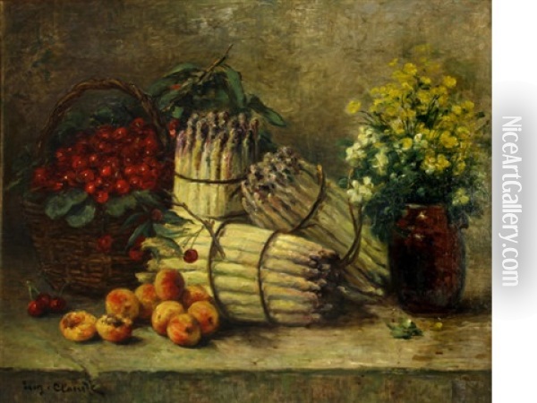 A Still Life With Asparagus, Cherries, Peaches And Flowers Oil Painting - Eugene Claude