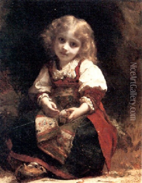A Little Girl Holding A Bird Oil Painting - Etienne Adolph Piot
