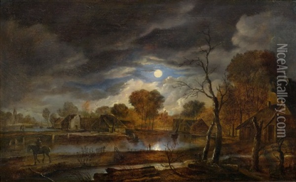 A Moonlit Landscape Oil Painting - Aert van der Neer