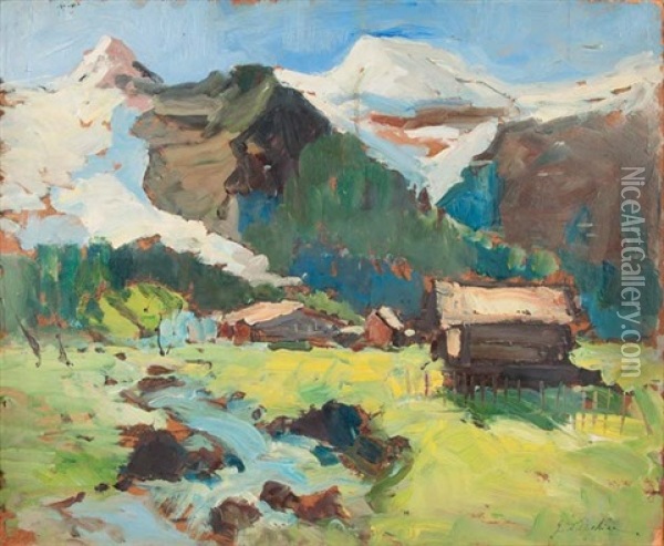 Chalets Et Torrent En Montagne Oil Painting - Georgi Alexandrovich Lapchine