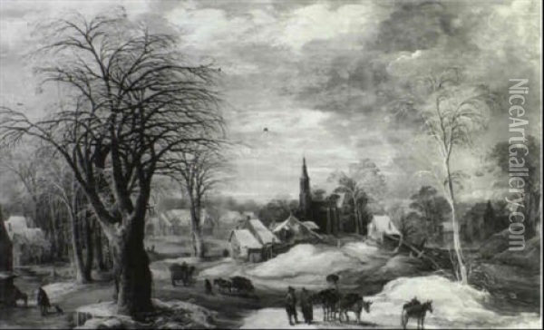 Winter Village Scene Oil Painting - Joos de Momper the Younger