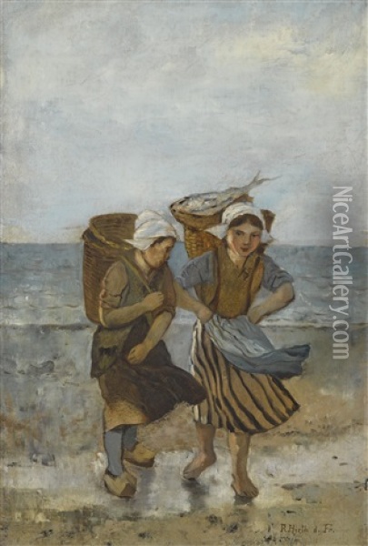 Zwei Fischermadchen Am Strand Oil Painting - Rudolf Hirth Du Frenes