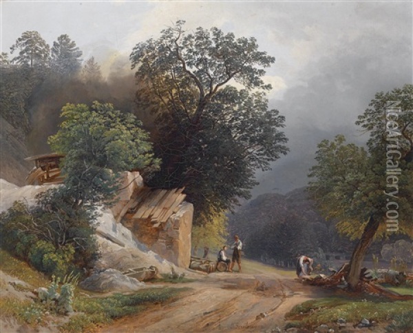 Holzsammler Auf Der Landstrasse Oil Painting - Joseph Gerstmeyer