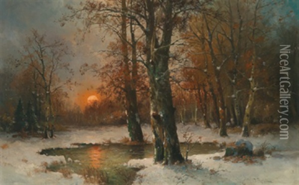 Sonnenuntergang Im Winterwald Oil Painting - Adolf Kaufmann