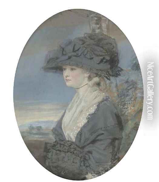 Portrait of a Lady, traditionally identified as the artist's wife, half-length, in a black dress and large hat Oil Painting - John Raphael Smith