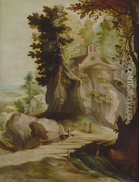 Waldlandschaft Mit Einer Kapelle Und Zwei Wanderern Bei Einem Holzsteg Oil Painting - Paul Bril