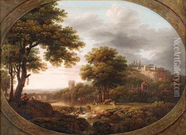 Figures And Animals Ina Landscape With An Castle And Abbey Ruins Beyond, In A Feignedoval Oil Painting - John Collet