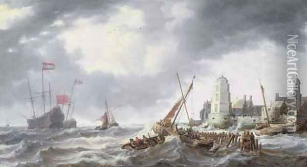 Frigates, smalschips and other shipping in a stiff breeze off a port Oil Painting - Bonaventura, the Elder Peeters