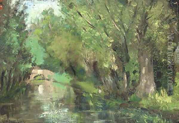 A wooded river landscape Oil Painting - Geo Poggenbeek