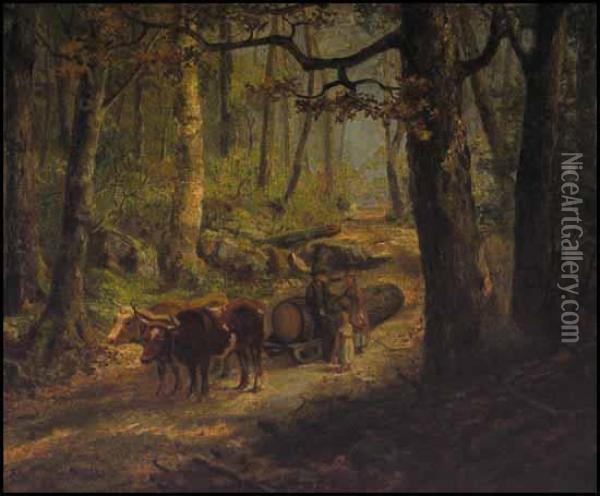 Oxen Hauling A Log Oil Painting - Thomas Mower Martin