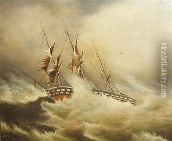 Hm Ship Donegal, In A Gale Of Wind Off West Coast Ofireland Oil Painting - Edward Duncan