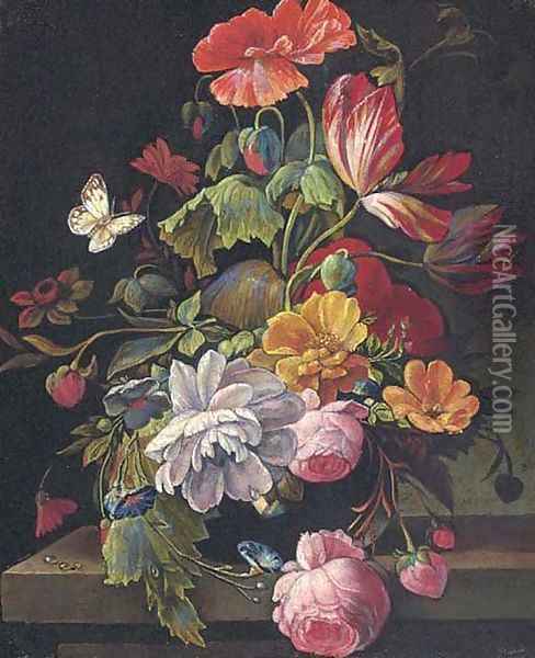Roses, parrot tulips, poppies and other flowers in a vase on a stone ledge Oil Painting - Abraham Mignon