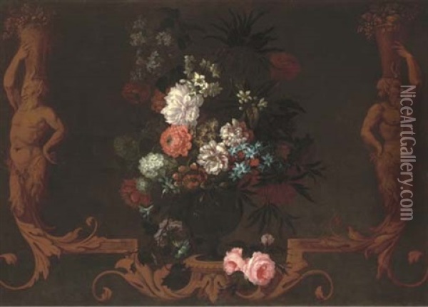 Chrysanthemums, Peonies, Narcissi, Morning Glory And Other Flowers In A Sculpted Vase On A Carved Bracket Flanked With Carved Fawns Oil Painting - Nicolas Ricoeur