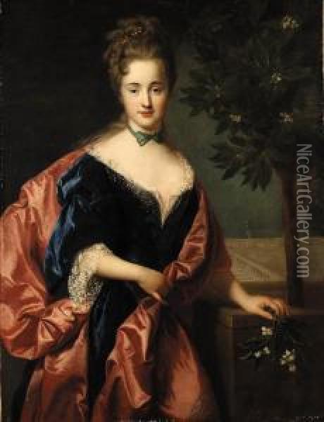 Portrait Of A Lady, Standing 
Three-quarter Length, Beside An Orangetree, Holding A Sprig Of Orange 
Blossom, A Formal Gardenbeyond Oil Painting - Alexis Simon Belle