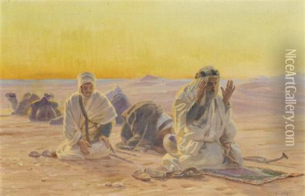 Evening Prayers In The Desert Oil Painting - Otto Pilny
